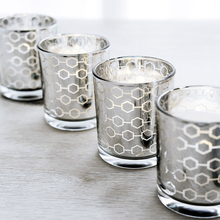 6 Pack 3 Inch Silver Colored Mercury Glass Votive Holders with Honeycomb Design