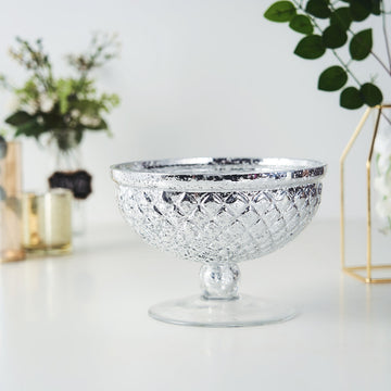 Silver Mercury Glass Compote Vase, Pedestal Bowl Centerpiece 8"