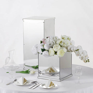 Silver Mirrored Acrylic Pedestal Riser, Display Box with Interchangeable Lid and Base 12"