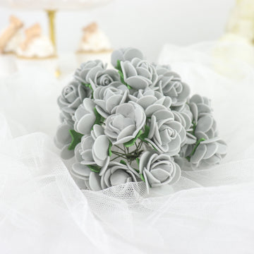 48 Roses Silver Real Touch Artificial DIY Foam Rose Flowers With Stem, Craft Rose Buds 1"