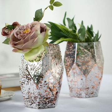 2 Pack Silver Rose Gold Pentagon Geometric Vases, Mercury Glass Candle Holders 8"