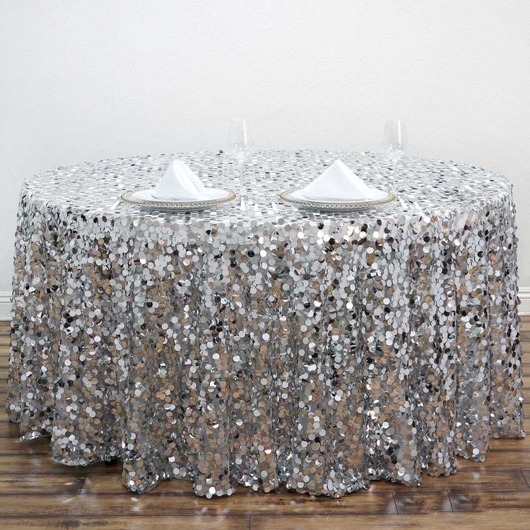 120" Big Payette Silver Sequin Round Tablecloth Premium Collection