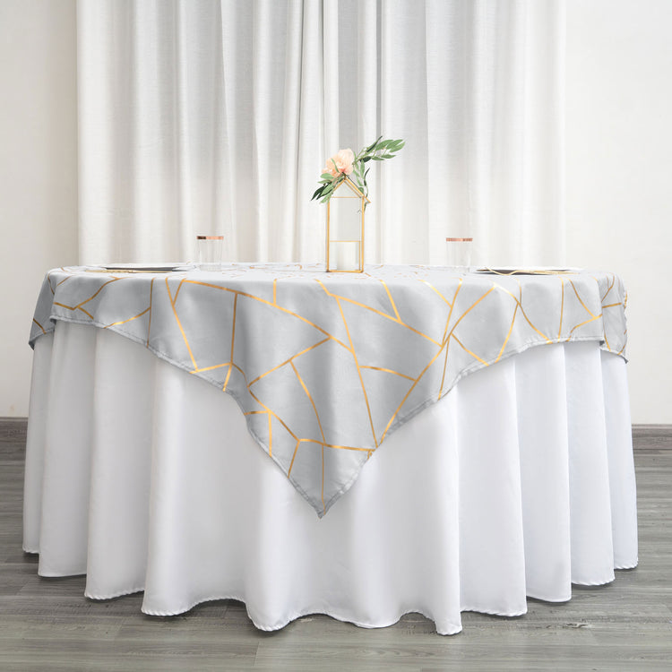 54 Inch x 54 Inch Silver Polyester Square Table Overlay With Gold Foil Geometric Pattern