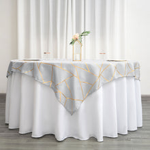 54 Inch x 54 Inch Silver Polyester Square Table Overlay With Gold Foil Geometric Pattern