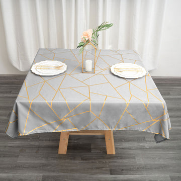 Elegant Silver Seamless Polyester Tablecloth with Gold Foil Geometric Pattern