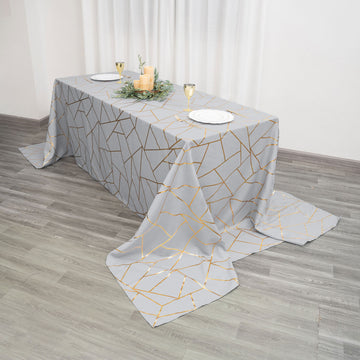 Silver Seamless Rectangle Polyester Tablecloth With Gold Foil Geometric Pattern 90"x156"