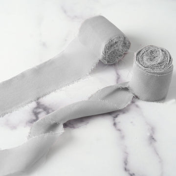 2 Pack Silver Silk-Like Chiffon Linen Ribbon Roll For Bouquets, Wedding Invitations Gift Wrapping 6yd