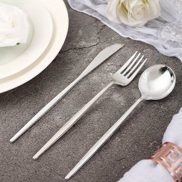 24 Pack Silver Sleek Modern Plastic Silverware Set, Premium Disposable Knife, Spoon & Fork Set 8"
