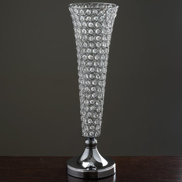 Elegant Silver Crystal Beaded Trumpet Vase Set