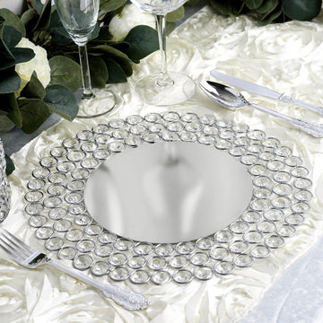 Elegant Silver Wired Metal Acrylic Crystal Beaded Charger Plate 14"