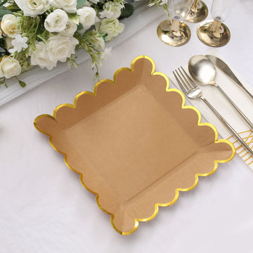 25 Pack Natural Brown Paper Dinner Plates With Gold Scalloped Rim, Disposable Party Plates 9" Square