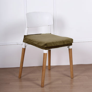 Stretch Olive Green Dining Chair Seat Cover, Velvet Chair Cushion Protector With Tie