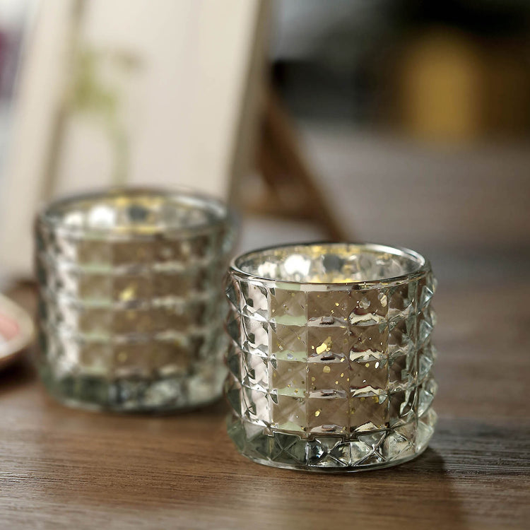 6 Pack Silver Mercury Glass Votive and Tealight Holders 3 Inch with Studs and Faceted Design