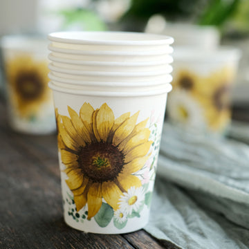 24 Pack Sunflower Paper Cups, Disposable Party Cups, All Purpose Use 10oz