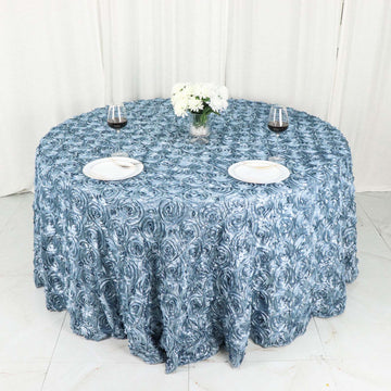 Dusty Blue Seamless Grandiose 3D Rosette Satin Round Tablecloth: The Perfect Choice for Your Event