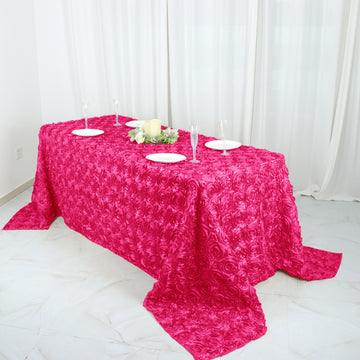 Elevate Your Event with the Fuchsia Seamless Grandiose 3D Rosette Satin Rectangle Tablecloth 90"x132"