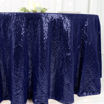 Make a Bold Statement with the Navy Blue Seamless Premium Sequin Round Tablecloth 120
