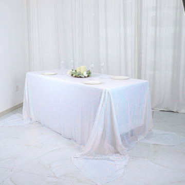 Add a Touch of Elegance to Your Event with the Iridescent Blue Seamless Premium Sequin Rectangle Tablecloth 90"x156"