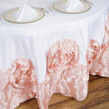 120 Inch Large Rosette White & Blush Round Lamour Satin Tablecloth