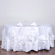 Round Lamour Satin Tablecloth 120 Inch In White With Large Rosette 