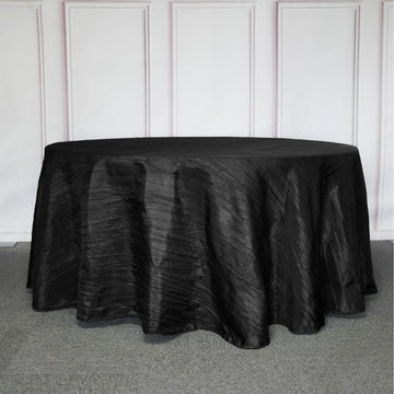 Elevate Your Event with the Black Seamless Accordion Crinkle Taffeta Round Tablecloth 120