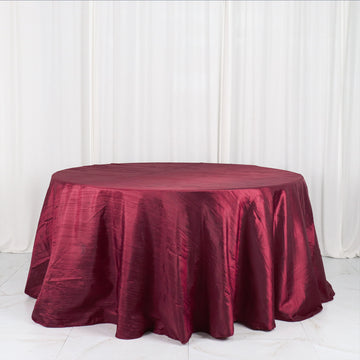 Elevate Your Event with the Burgundy Accordion Crinkle Taffeta Seamless Round Tablecloth 132