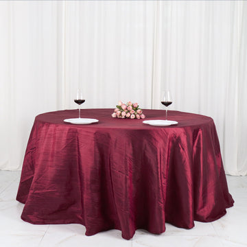 Enhance Your Event Décor with the Burgundy Accordion Crinkle Taffeta Seamless Round Tablecloth 132