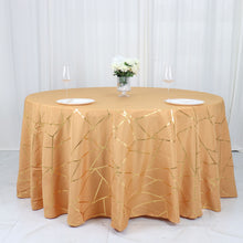 Gold Foil Geometric Pattern on 120 Inch Gold Round Polyester Tablecloth