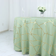 Polyester Round Tablecloth in Sage Green with Gold Foil Geometric Design 120 Inch