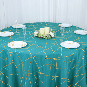 Durable and Stylish Teal Polyester Tablecloth with Gold Foil Geometric Pattern