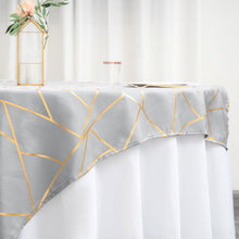 Polyester Square Table Overlay In Silver With Gold Geometric Design 54 Inch x 54 Inch