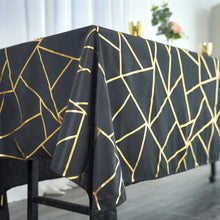 Black Polyester Tablecloth With Gold Foil Geometric Pattern 60 Inch x 102 Inch