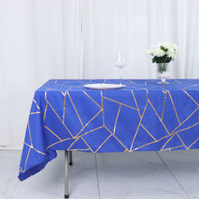 Polyester Rectangle Tablecloth in Royal Blue with Gold Foil Geometric Design 60 Inch x 102 Inch