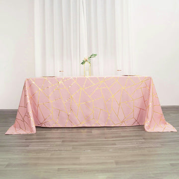 Dusty Rose Seamless Rectangle Polyester Tablecloth With Gold Foil Geometric Pattern 90"x132"