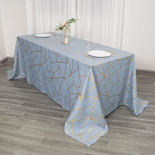 90 Inch x 132 Inch Rectangle Dusty Blue Tablecloth With Gold Pattern