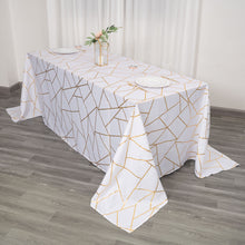 Rectangle White Tablecloth With Gold Foil Geometric Design 90 Inch x 132 Inch
