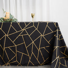 Rectangular Polyester Tablecloth In Black With Gold Foil Geometric Design 90 Inch x 156 Inch