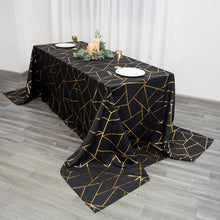 90 Inch x 156 Inch Polyester Black Tablecloth With Gold Foil Geometric Design