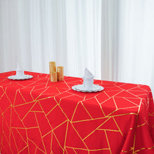 Red Polyester Tablecloth With Gold Foil Geometric Design 90 Inch x 156 Inch Rectangle