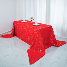 90 Inch x 156 Inch Rectangle Tablecloth With Gold Foil Geometric Pattern In Red Polyester 