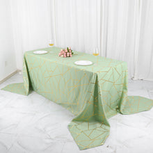 90 Inch X 156 Inch Sage Green Polyester Rectangle Tablecloth With Gold Foil Geometric Design