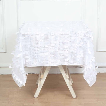White 3D Leaf Petal Taffeta Fabric Seamless Square Tablecloth 54 inch - Nature-inspired Elegance for Your Table