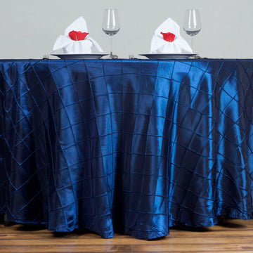 Elevate Your Event with the Navy Blue Pintuck Round Seamless Tablecloth 120