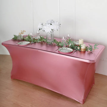 Add a Touch of Elegance with the Metallic Rose Gold Rectangular Stretch Spandex Table Cover