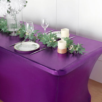 Make a Statement with the Metallic Purple Rectangular Stretch Spandex Table Cover 6ft