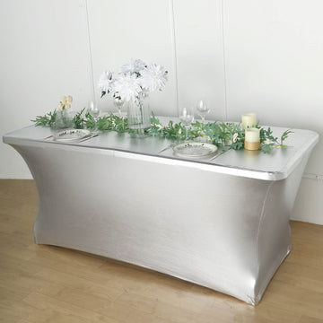 Add a Touch of Elegance with the Metallic Silver Rectangular Stretch Spandex Table Cover