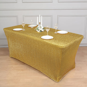 Create a Memorable and Sparkling Event with a Gold Metallic Shimmer Tinsel Spandex Table Cover
