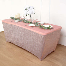 Shimmery Tinsel Spandex Tablecloth In Rose Gold 6 Feet Rectangular