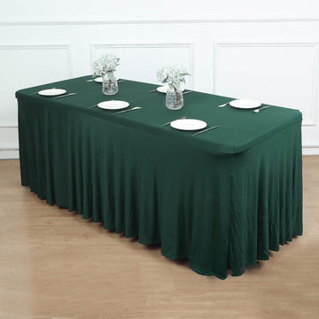 Achieve a Stylish and Ruffled Look with the Hunter Emerald Green Wavy Spandex Fitted Rectangle 1-Piece Tablecloth Table Skirt