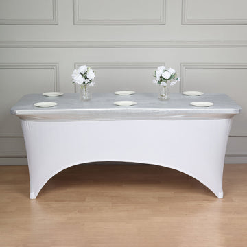 Add Elegance to Your Event with the Metallic Silver Spandex Stretch Fitted Banquet Table Top Cover